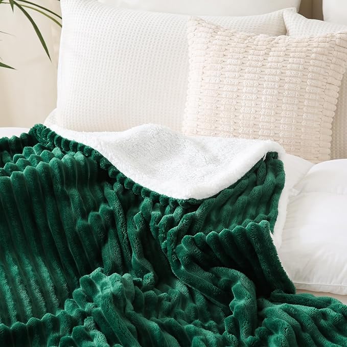 Green Sherpa Fleece Throw Blanket 90”×90” for Couch Sofa Bed,Super Soft Cozy Plush Double Side Thick Flannel Blanket with Striped Design Lightweight for Adults,Woman,Girls