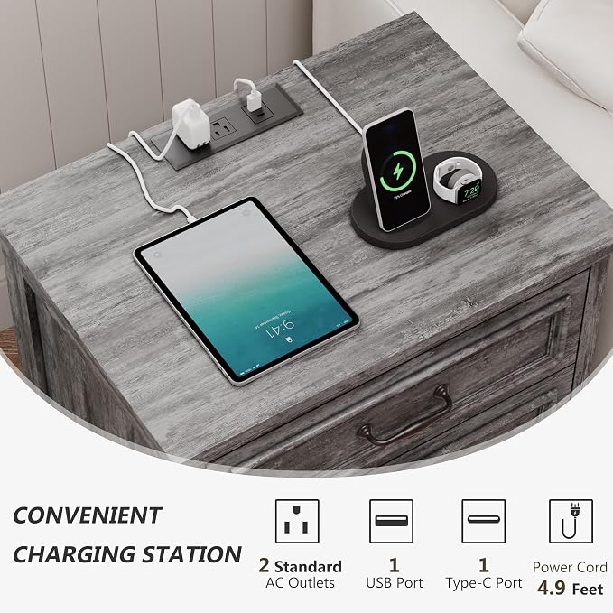 Farmhouse Nightstand Set of 2, Wood Night Stand with 3 Drawers and Charging Station Modern Bedside Table for Bedroom End Side Table Storage Cabinet Small 6 Drawers Dresser (2, Dark Gray) - Image 4