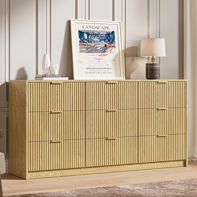 MAISONARIA 3-Piece Dresser Bedroom Set, 6 Drawer Dresser & 2 Drawer Nightstands with Gold Handles, Fluted Wood Chest of Drawers for Bedroom, Living Room, Entryway, Nature
