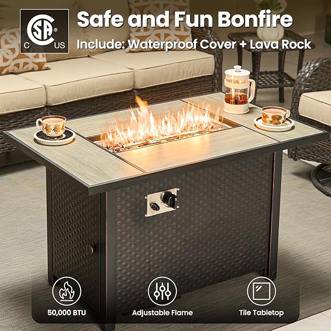 ovios 8-Piece Patio Furniture Set with Swivel Chairs Coffee Table, Outdoor Wicker Sofa with 42" Fire Pit Table, High Back Couch Modern Conversation Sets, Brown/Beige