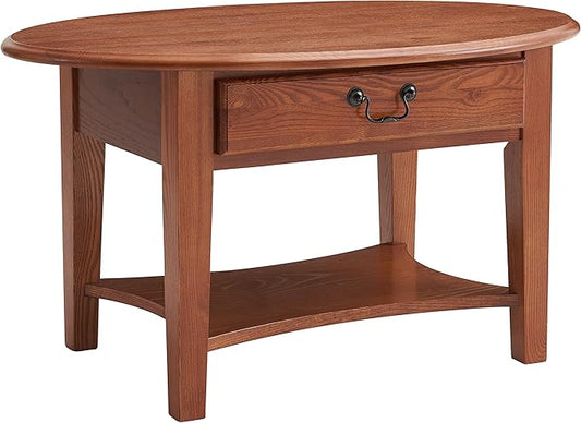 Leick Home Haven Ridge Coffee Table, Solid Wood, Oval, with Drawer and Shelf, Medium Oak, 9044-MED