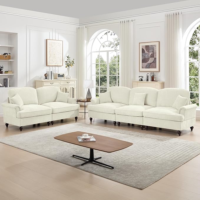 KEIKI Mid Century Modular Sofa with Flared Arms and Skirted Design, 107” Oversized 3-Seater Loveseat Chenille Sectional Couches Set for Living Room Decor,Big Comfy Couch Indoor, Beige White
