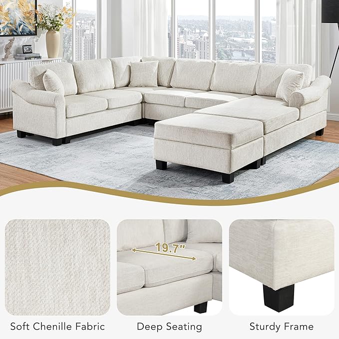 ERYE 112" U-Shaped Sectional Sofa with Movable Storage Ottoman, Oversized Chenille Upholstered Corner Modular Sofa Couch W/Right Facing Chaise Lounge and 3 Toss Pillows