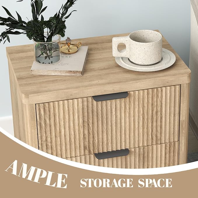 Fluted Nightstand Set of 2, Bedside Table with 2 Drawer, Modern End Table Large Wooden Oak Sofa Side Table, Night Stand for Bedroom, Small Space - Image 5