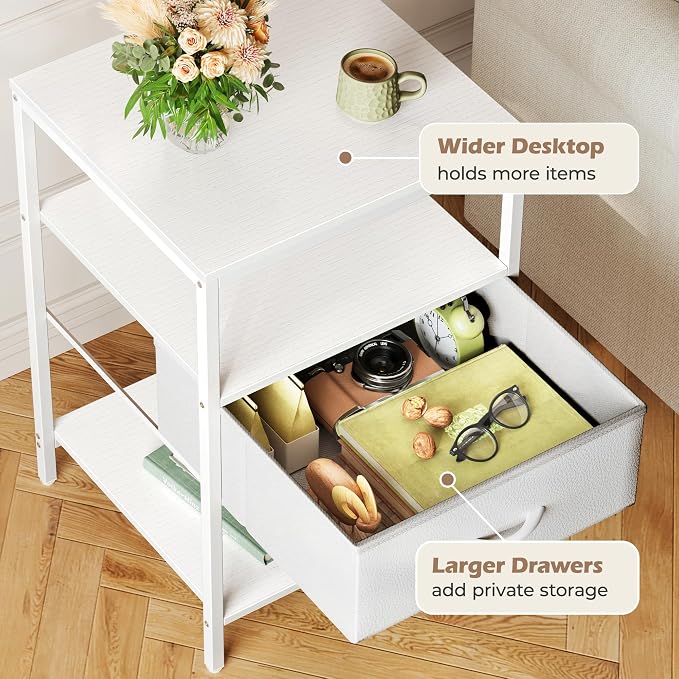 SUPERJARE Nightstand with Charging Station, White Night Stand with Adjustable Drawers, 17.7 Inches Wider Side Table for Bedroom, 3-Tier Storage End Table with Open Shelf, PU Leather Surface - Image 5