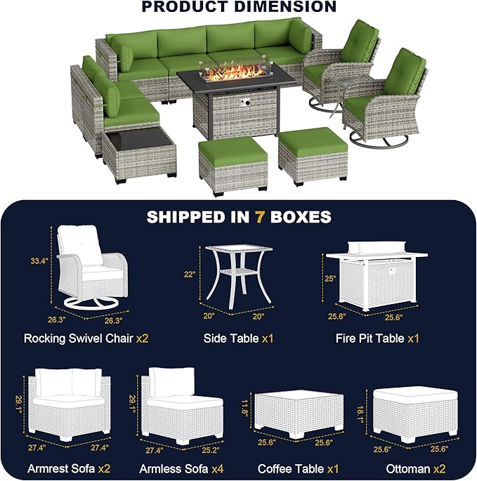 13-Piece Outdoor Patio Furniture Set with Rocking Swivel Chair, Wicker Rattan Sectional Sofa Conversation Set with 55,000 BTU Fire Pit Table with Ottomans, Backyard Furniture, Avocado Green
