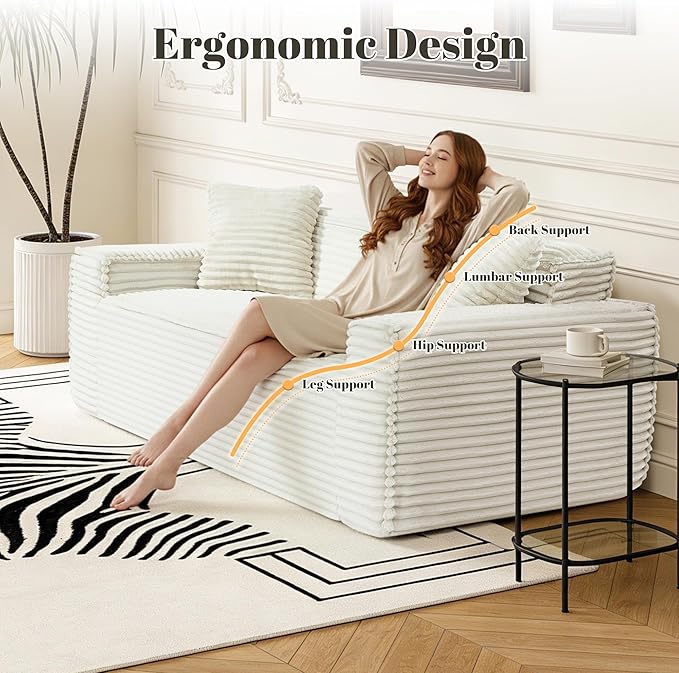 75" Cloud Loveseat Sofa, 26" Deep Seat Boneless Couches for Living Room, Modern 3 Seater Sofa with Throw Pillows, Corduroy Compression Sofa in Box, No Assembly Couch for Bedroom, Dorm, Beige