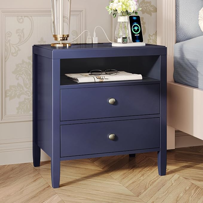 Huuger Nightstand with Charging Station, Blue Nightstand with 2 Drawers, Bed Side Table for Bedroom, Bedside Table with Storage, Modern Nightstands, Metal Knobs, Painted Surface by Huuger