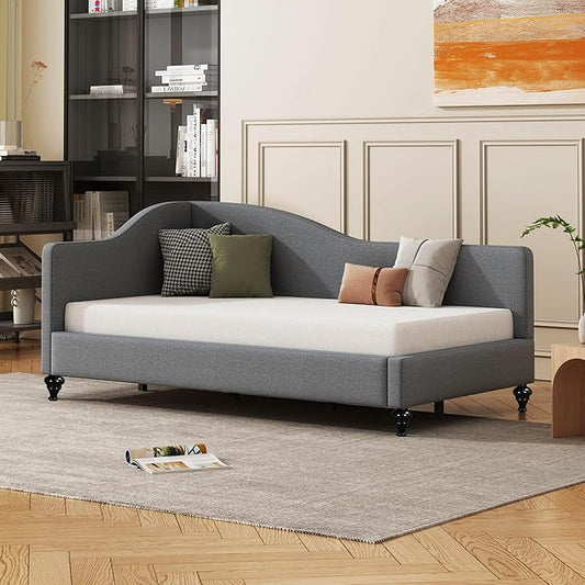 Merax Twin Size Bed Frame daybed, L-Shaped Linen Daybed Corner Sofa with Solid Wood Legs for Living Room & Guest Room, No Box Spring Needed, Grey