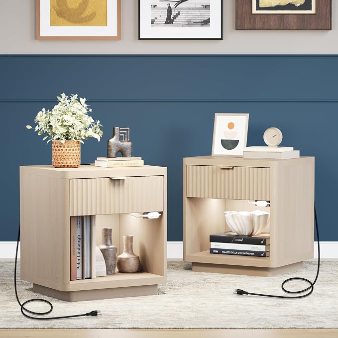 ROCSUMOO Fluted Nightstand Set of 2 - Nightstands with Charger Station and LED Light, Large Modern Night Stand with Sensor, 22" Wide Nightstand (Light Wood) - Image 9