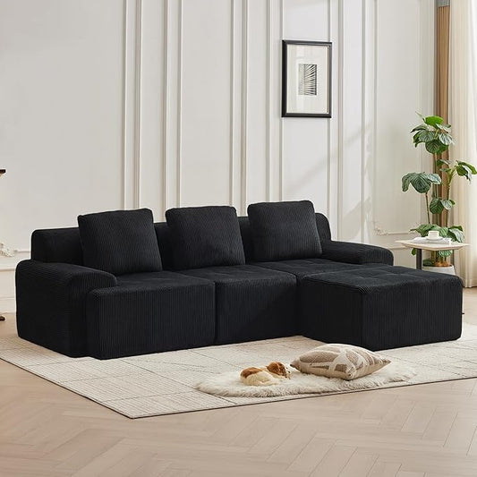 105.8'' Modular Sectional Sofa with Movable Ottoman, 3 Seat Deep Seat Couch with 3 Pillows, Comfy Cloud Sectional Sofa for Living Room, Bedroom (Black, 1 Left+1 Right+1 Middle+1 Ottoman)