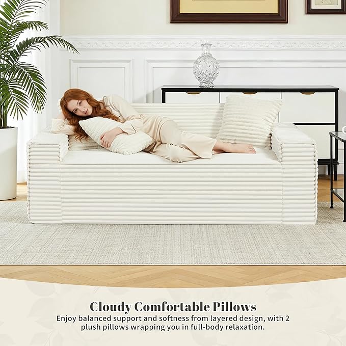 75" Cloud Loveseat Sofa, 26" Deep Seat Boneless Couches for Living Room, Modern 3 Seater Sofa with Throw Pillows, Corduroy Compression Sofa in Box, No Assembly Couch for Bedroom, Dorm, Beige