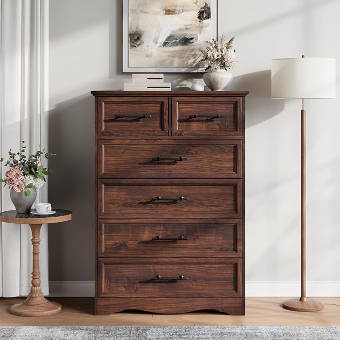 Walnut Dresser for Bedroom, Modern 6 Chest of Drawers, 44" Tall Dresser with Brushed Metal Handle, Wood Closet Organizers and Storage Cabinet for Bedroom, Living Room, Hallway - Image 3