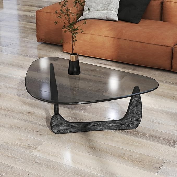 Black Glass Coffee Table for Living Room, Mid Century Modern Coffee Table with Tempered Glass Top and Solid Wood Base, Farmhouse Center Table for Small Space, Tea Tables