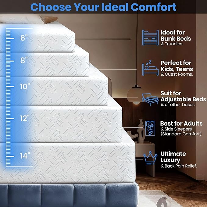 Twin XL Mattress 8 inch, Cooling Gel Memory Foam Mattress, Mattress in a Box with Zipper Cover 8 inch Twin XL Memory Foam Mattress, Adjustable Base Compatible