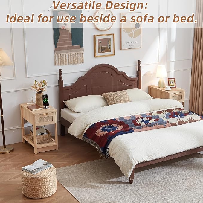 Lerliuo Narrow Night Stand with Charging Station, Boho Nightstand with Drawer, Bed Side End Table with Rattan Shelf for Small Spaces, Wood Nightstands Bedside Tables for Living Room Bedroom - Image 5
