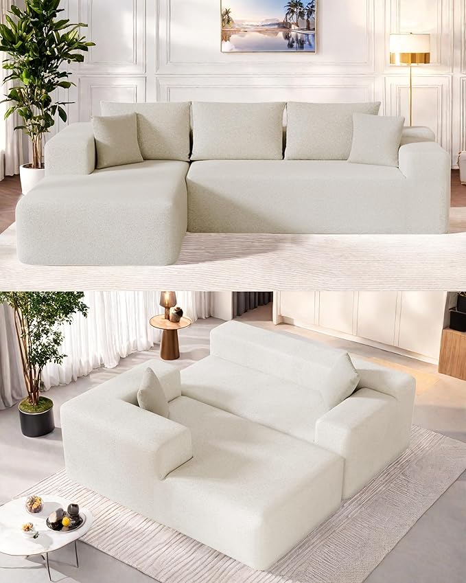 L-Shape Cloud Sectional Sofa, 104” Modern Modular Boneless Couch with Right Chaise Lounge, Compressed Floor Sofa with 5 Pillows & Deep Seat, Rain Drop Velvet Couch for Living Room, Beige