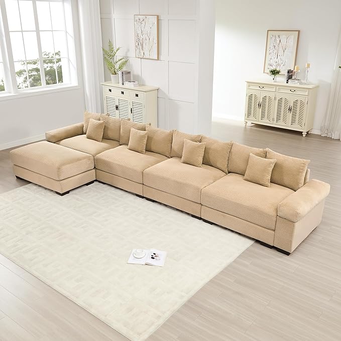 KEIKI 168" Oversized Corduroy Modular Cloud Sectional Sofa with High-Density Foam Cushions, Extra-Thick Armrest, Upholstered Modern 4-Seater Fluffy Corner Couch with 12 Pillow, for Living Room, Camel