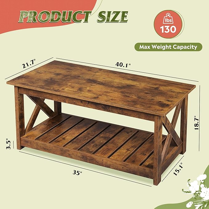 WLIVE Farmhouse Coffee Table for Living Room, 40.1" Rustic Center Table with X-Frame Support & Storage Shelf, 2-Tier Wood Coffee Tables for Bedroom & Balcony, Rustic Brown