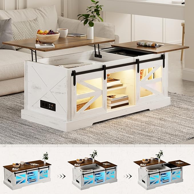 Lift Top Coffee Table with Gun Cabinet, 2 Sliding Barn Doors-Large Storage and 3 Color LED Lights fit Modern Rectangular Rustic Living Room Center Table(White)