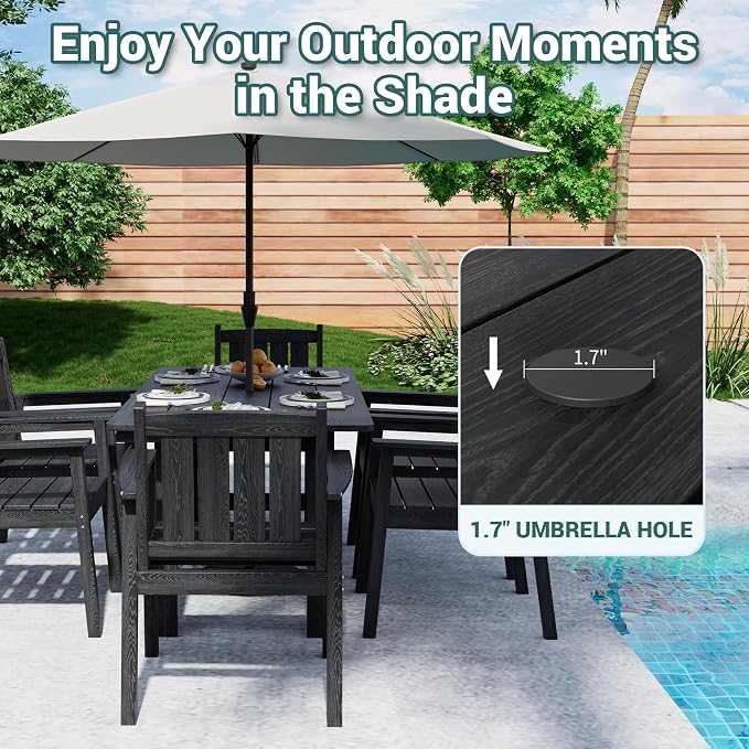 Pamapic 7 PCS Outdoor Dining Set, Spacious HDPE Outdoor Table and Chairs, Wood Grain Patio Furniture Sets with Elegant Armrest, All-Weather Patio Dining Table with Umbrella Hole, Black - Image 2