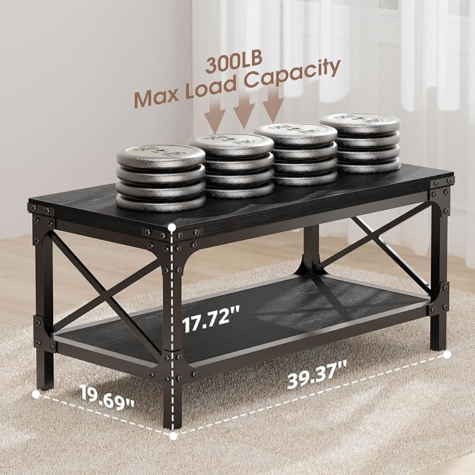 Rectangle Coffee Tables for Living Room, Wood Rectangular Coffee Table, 2 Tier Industrial Modern Center Table with Thickened Tabletop and Metal Frame, 47 inch Long (Black)