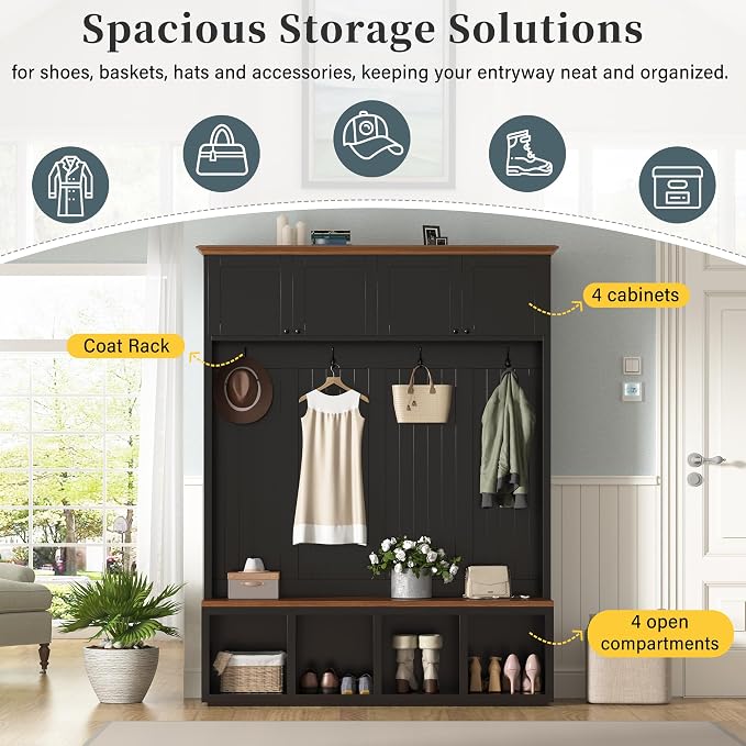 Merax Wood Rustic 59''W Hall Tree Entryway Bench with 4 Hooks and Cabinets, Farmhouse Mudroom Versatile Coat Racks with Shoe Storage Bench, Entrance Organizer for Hallway, Living Room Black - Image 3