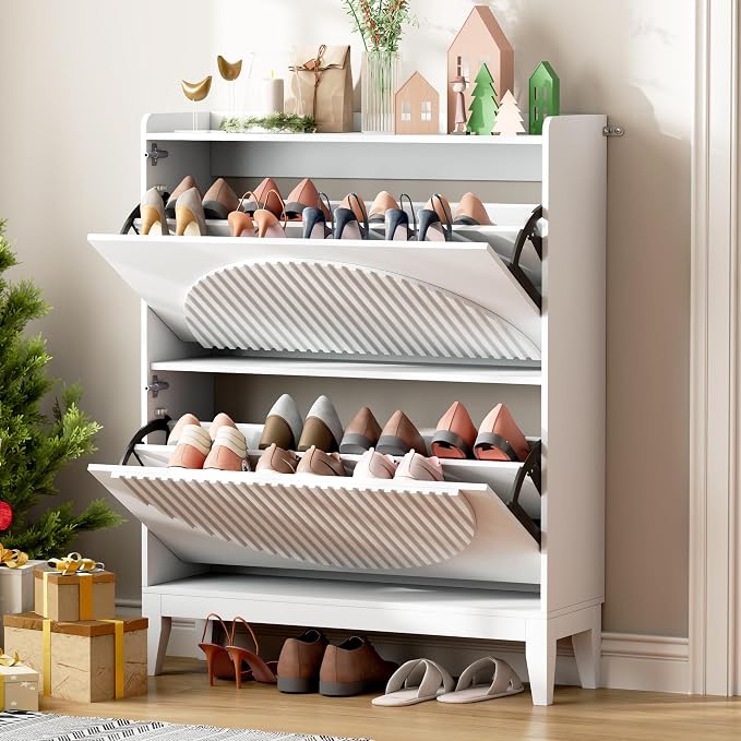 Vlsrka Shoe Cabinet Storage for Entryway with 2 Flip Drawers, Narrow Wooden Shoe Cabinet, Outdoor Hidden Shoe Storage for Entryway, Garage, Foyer, Hallway, Living Room - Image 9