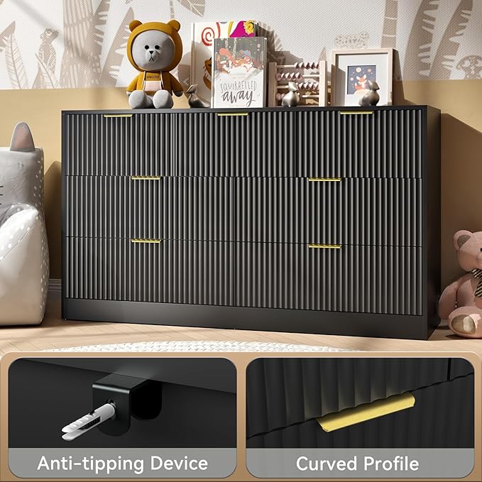 Black Dresser Set of 2, Large Dresser for Bedroom Wooden with 14 Drawers, Fluted Modern Bedroom Furniture Set, TV Stand Dressers & Chests of Drawers for Closet (15.7"D x 110.2"W x 31.8"H)