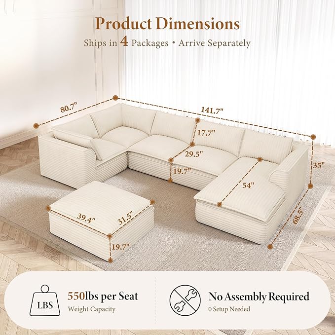 Vesgantti 141.7" Oversized Sectional Boneless Couch, 7 Seater Modular Sofa with Chaise & Ottoman & Armrest, Deep Seat Plush Corduroy Cloud Couches for Living Room, No Assembly Required, Beige