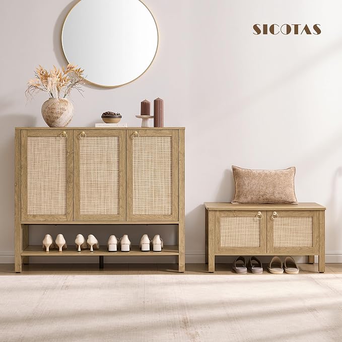 SICOTAS Rattan Shoe Cabinet Storage for Entryway - 30 Pairs Boho Shoe Storage Organizer with Adjustable Shelves & 3 Doors, Tall Shoe Rack Cabinet for Hallway, Living Room (Carbon Cherry) - Image 3