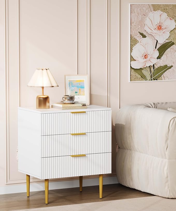 Akxomel 3 Drawer Nightstand with Charging Station, 23.2" W Large Fluted Night Stand, Modern Bedside Table with USB Ports and Outlets, for Bedroom, White and Gold - Image 6
