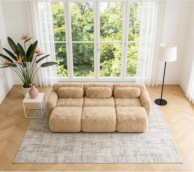 114.7" Sectional Sofa Bed, 6-Seater Modular Sleeper Boneless Couch with Movable Ottoman, Plush Convertible Sofa Set Deep Seat Couches for Living Room, Bedroom and Apartment, Light Khaki