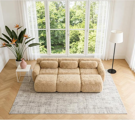 114.7" Sectional Sofa Bed, 6-Seater Modular Sleeper Boneless Couch with Movable Ottoman, Plush Convertible Sofa Set Deep Seat Couches for Living Room, Bedroom and Apartment, Light Khaki