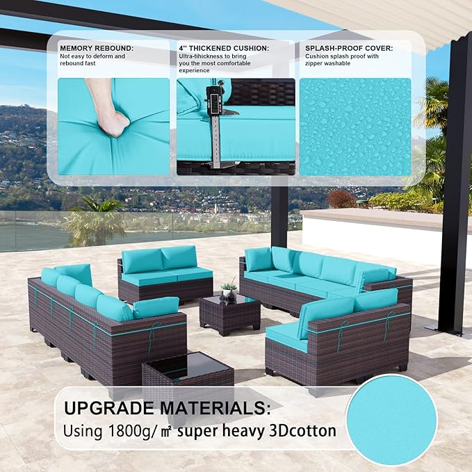Kullavik 14 Pieces Outdoor Patio Furniture Set,Sectional Rattan Sofa Set Brown PE Rattan Wicker Patio Conversation Set with Tempered Glass Coffee Tables and Washable Cushions Covers,Turquoise Blue