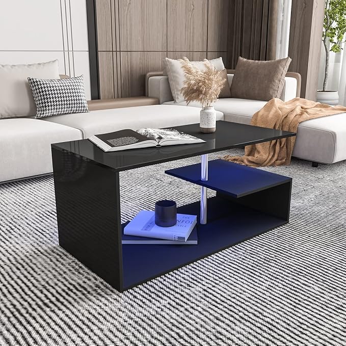HOMMPA LED Coffee Tables for Living Room Modern Black Coffee Table with S-Shaped 3 Tiers Open Storage Shelf High Gloss Center Sofa Tea Table with LED Lights for Home Office Furniture Black 18" Tall