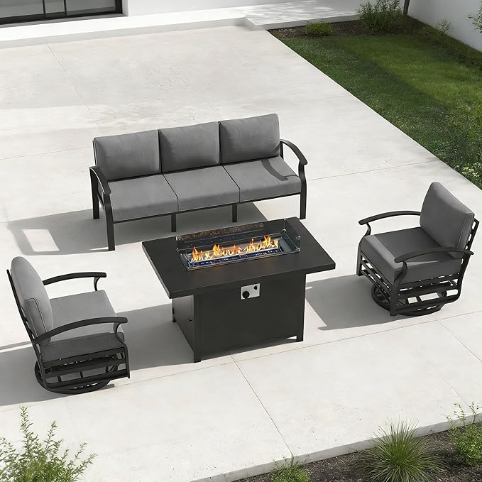 Aluminum Outdoor Patio Furniture Set,4 Pieces 5 Seats Patio Conversation Sets with 45" Propane Fire Pit Table,Metal Patio Sectional Furniture Set with 2 Swivel Rocking Chairs,Grey