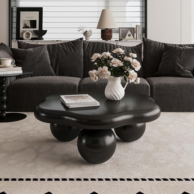 35" Modern Coffee Table Petal Shape Low Center Table Cute Irregular Indoor Tea Table with 3 Ball Legs for Living Room Apartment