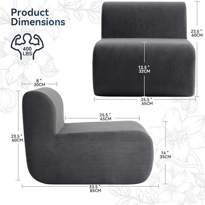 Boneless Sofa 26'' Single Sofa 1 Seater Cloud Floor Couch Corduroy, No Assembly Needed Modern Compression Armless Couch in A Box Erogonomic for Living Room,Bedroom,Office, Dark Gray