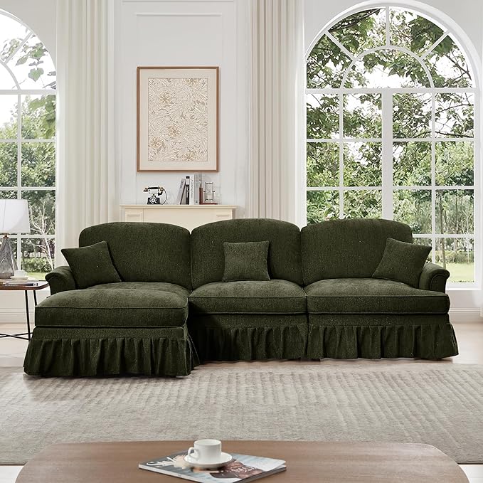 KEIKI Mid Century Modular Sofa with Flared Arms and Skirted Design, 107” Oversized 3-Seater with Ottoman Luxury Chenille L-Shaped Sectional Couches for Living Room, Chaise Lounge Indoor, Green