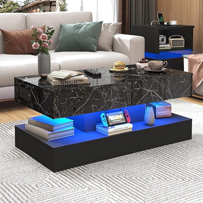 39.4" Large Lift Top Coffee Table, Modern LED High Glossy Coffee Table with Charging Station, Lights, Hidden Compartment Storage, Lift Center Tables for Living Room, Home Office, Black