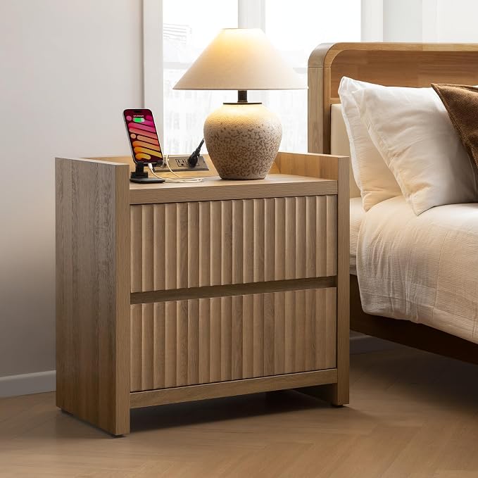 SICOTAS Night Stand Fluted Nightstands with Charging Station-Modern 2 Drawers Nightstand 25" Tall Bedside Table End Table, Large Night Stands for Bedroom, Sofa Side (Caramel Oak, 1 Piece) - Image 3