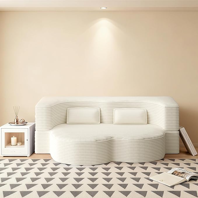 78" Convertible Sofa Bed, 2-in-1 Folding Floor Couch with 2 Pillows, Sleeper Sofa for Living Room and Bedroom, No Assembly Required (Beige, Corduroy Fabric)