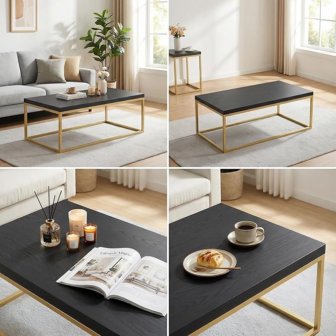 CENSI 47-Inch Black Oak Coffee Table/Center Table for Living Room, Rectangle Modern Industrial Style, Wood and Gold Metal (Black Oak & Gold)