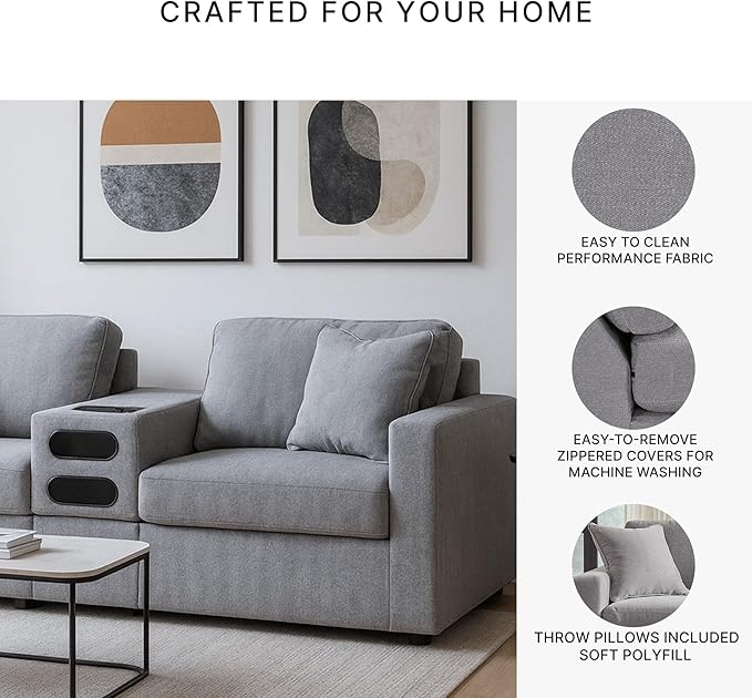 Signature Design by Ashley Modmax Casual Modular Stain Resistant 3-Piece Sectional with Audio Console, Drawer Storage, USB Ports and 2 Accent Pillows, Gray