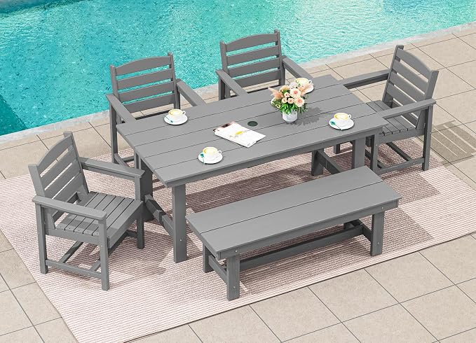 SERWALL 67" Outdoor Dining Table - HDPE All-Weather Rectangular Patio Table with Umbrella Hole, Gray - Image 6