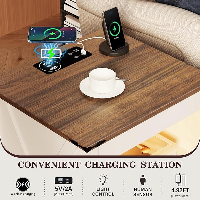 TAGELIER Night Stand Set 2 with Gun Drawer, Farmhouse Bedside Table with Charging Station, Gun Nightstand with LED Light & Human Sensor, Smart End Table for Bedroom, Antique White - Image 3