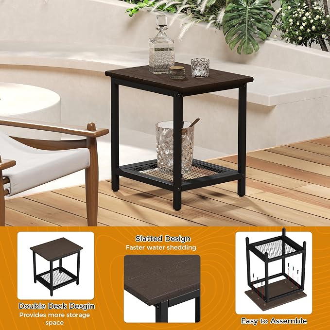 2-Tier Outdoor Side Table with Storage, Weather Resistant Patio End Table, HDPS Small Accent Table for Deck, Garden, Pool, Backyard, Brown - Image 4