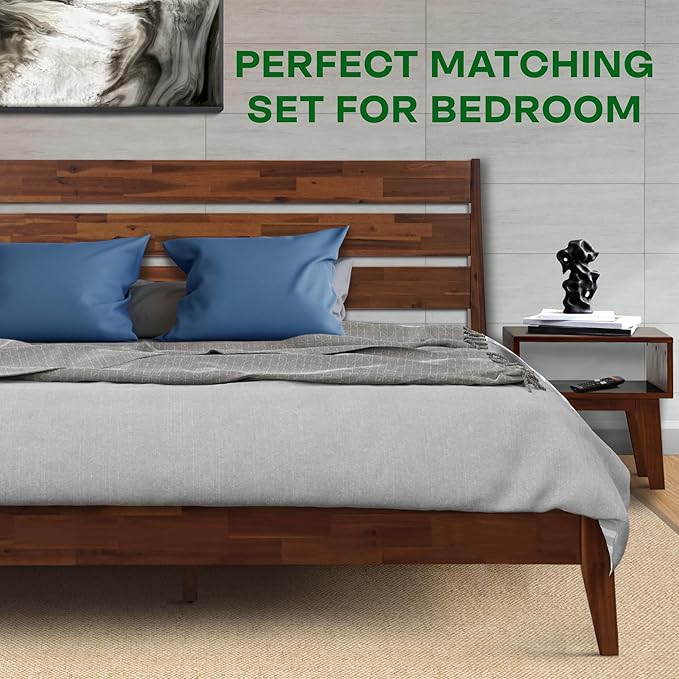 Acacia Emery King Solid Wood Platform Bed Frame with Headboard – Gift Matching Nightstand Included, Farmhouse Mid-Century Modern, Walnut Finish, Sturdy, No Box Spring Needed, Easy Assembly