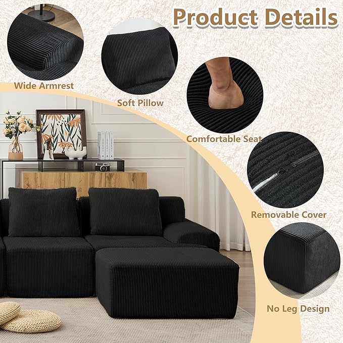 KIGOTY Modular Sectional Sofa Set, 5 PCS Comfy Cloud Sectional Couch with Deep Seat, Sleeper Sofa Bed with Ottoman, Modern Boneless Couch for Living Room, No Assembly Required,Black